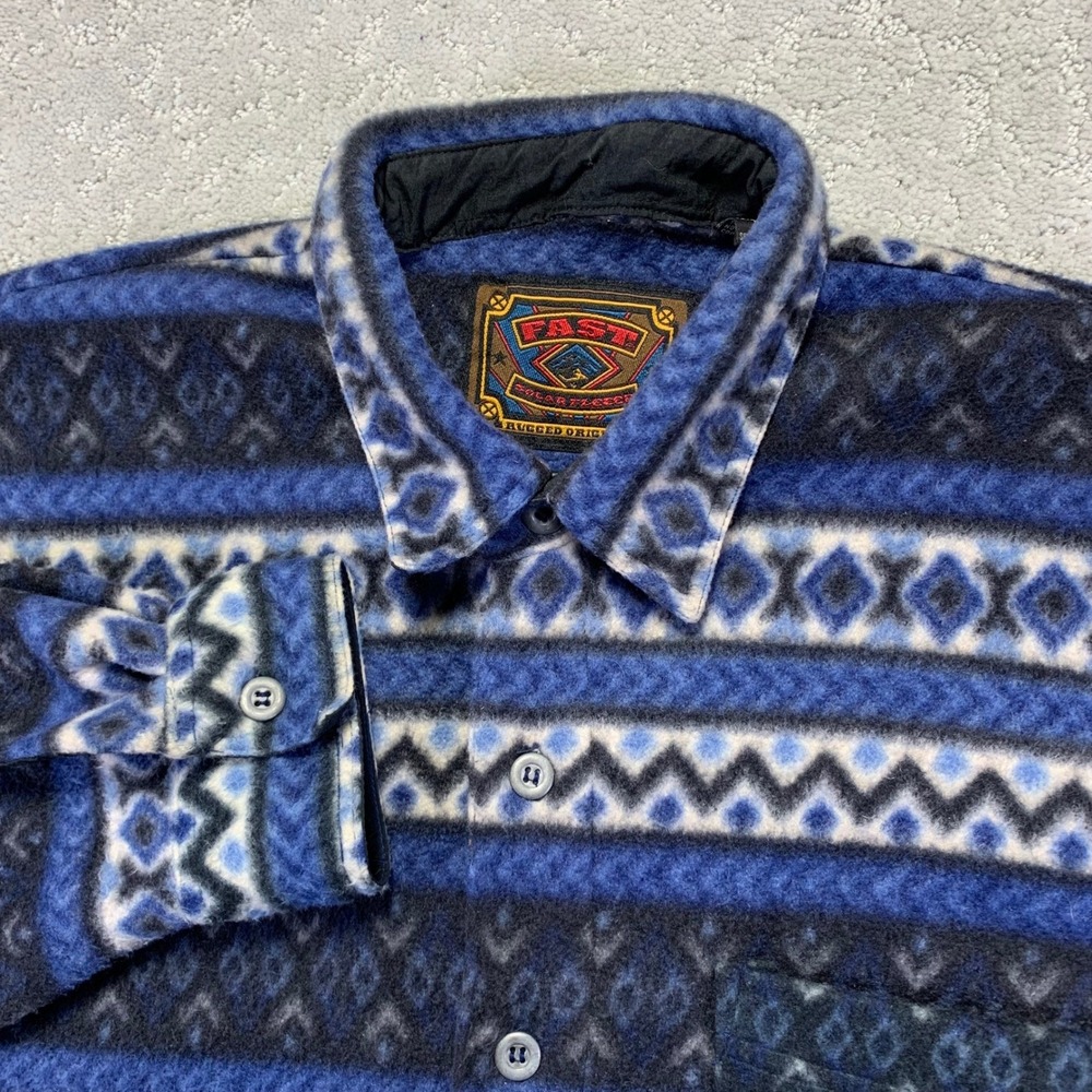 Vintage FAST Solar Fleece‎ Shirt Mens Large Blue Aztec Long Sleeve Button Up